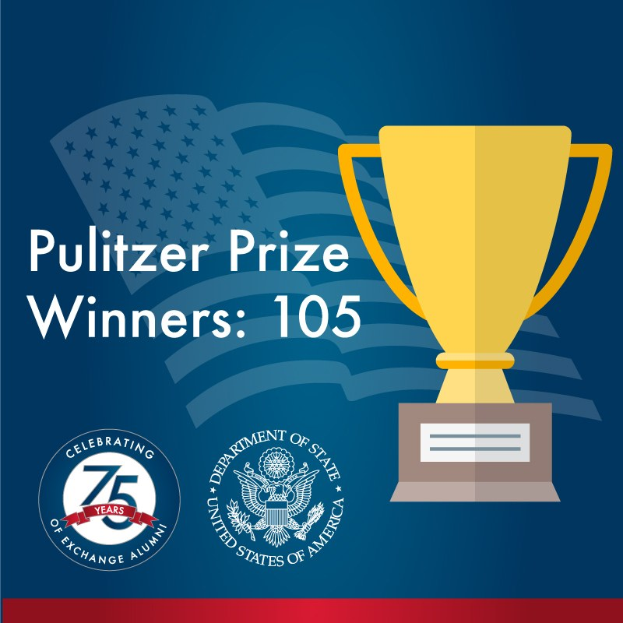 Ein Plakat mit einem zentralen Becher-Symbol, umgeben von Text und Logos, mit der Aufschrift "Pulitzer-Preis-Gewinner 105", die die Anerkennung von Errungenschaften anzeigt.