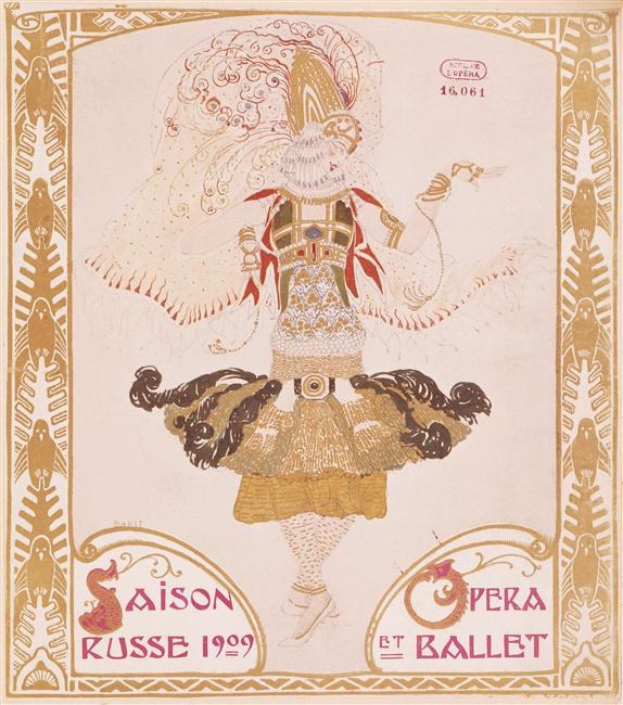 Ein Plakat, das eine Ballettvorstellung in Paris im Jahr 1909 ankündigt, mit einem Gemälde einer Person in einer anmutigen Pose, darüber in fetter Schrift "Saison Russe" und "Opera et Ballet".