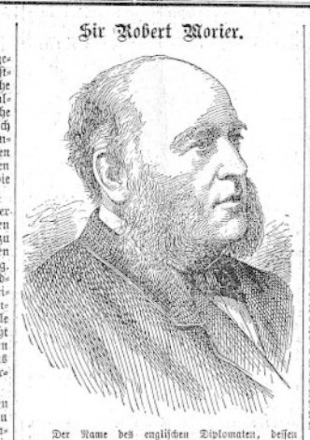 Eine Schwarz-Weiß-Zeichnung eines bärtigen Mannes, der Robert Morier sein soll, der auf einem Papier mit Text steht, der wahrscheinlich seine Beiträge zur Deutschen Revolution beschreibt.