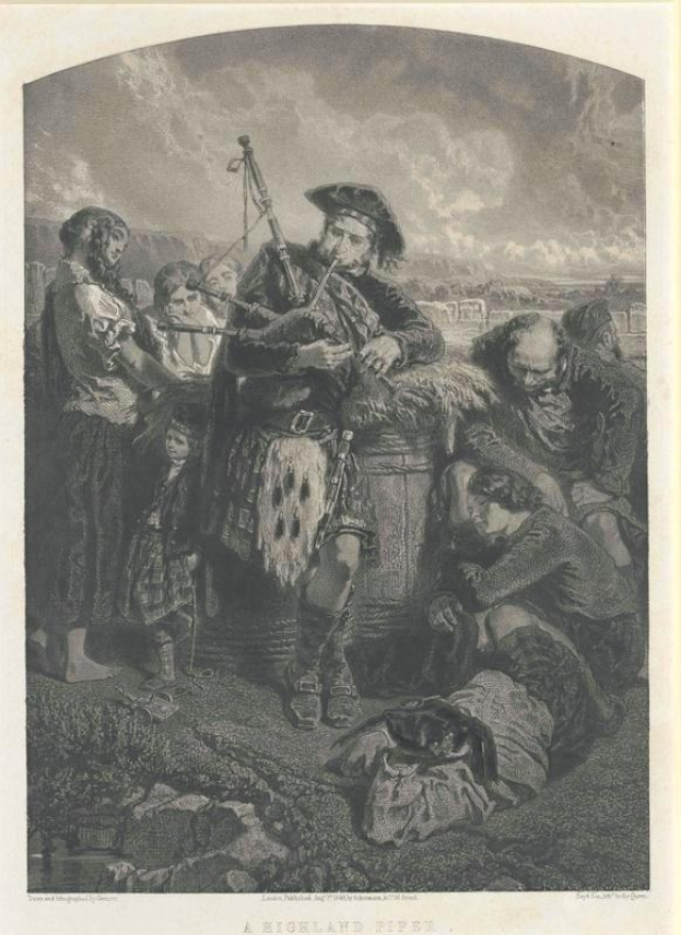 Schwarze und weiße Gravur eines Mannes, der vor einer Gruppe von Menschen eine Dudelsack spielt, unter einem bewölkten Himmel, mit dem Text "Ein Highland-Pfeifer" unten.