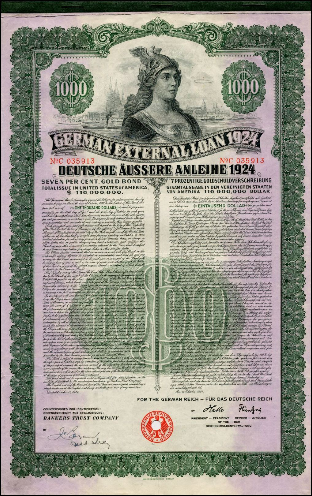 Deutsches Auslandsdarlehen-Dokument aus dem Jahr 1924 mit einem Porträt einer Frau, mit gedrucktem Text und numerischen Denominationen auf altem Papier.