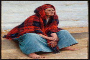 Eine alte Frau sitzt am Strand bei Sonnenuntergang, trägt ein helles Kleid mit einem Dutt, hat die Augen geschlossen und die Hände im Schoß gefaltet, eingerahmt von einem Foto.