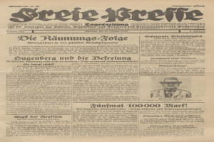 Alte deutsche Zeitung vom 29. September 1929 mit der Schlagzeile "Sugenberg und die Defreiung" und einem Foto eines Mannes im Anzug und Krawatte mit ernstem Gesichtsausdruck.