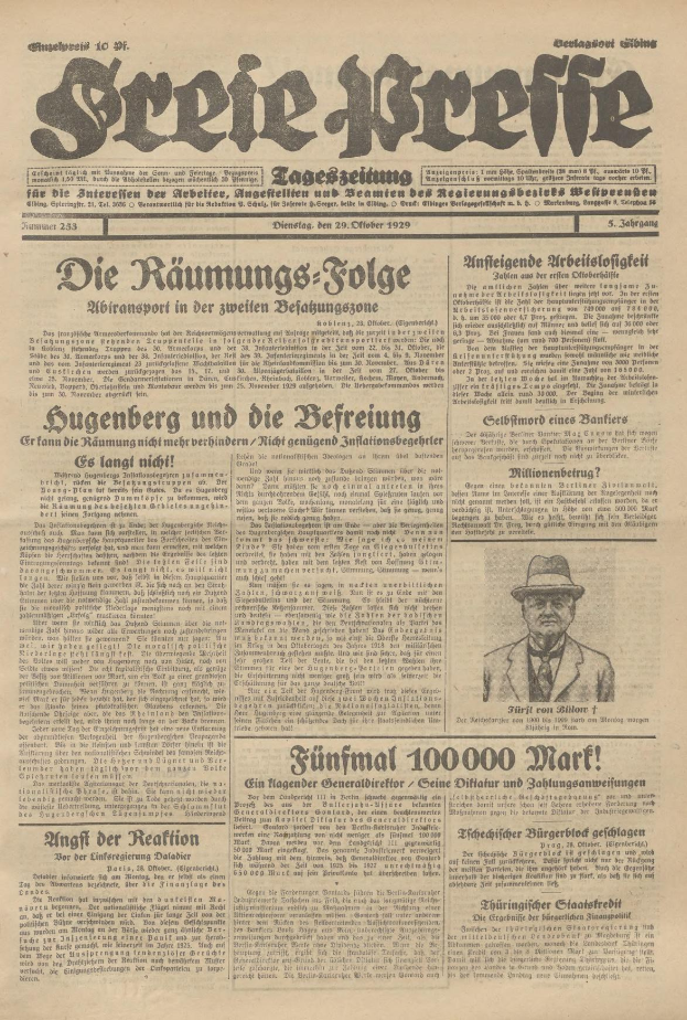 Alte deutsche Zeitung vom 29. September 1929 mit der Schlagzeile "Sugenberg und die Defreiung" und einem Foto eines Mannes im Anzug und Krawatte mit ernstem Gesichtsausdruck.