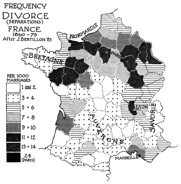 Schwarz-weiß-Karte von Frankreich mit Text und Zahlen, die die Scheidungsfrequenz nach Region angeben.