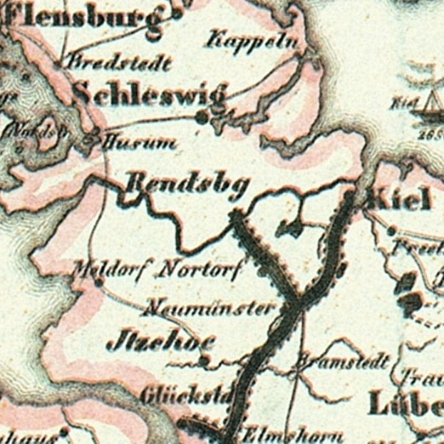 Detailiertes altes Stadtplan von Schleswig-Holstein mit Straßen, Gebäuden und Sehenswürdigkeiten mit beschreibendem Text.