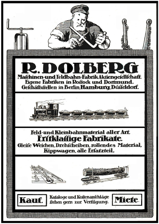 Werbung für die Fabrik von R.D. Dolberg in Hamburg, Deutschland, mit Text, einer Person, einem Zug und anderen Gegenständen.
