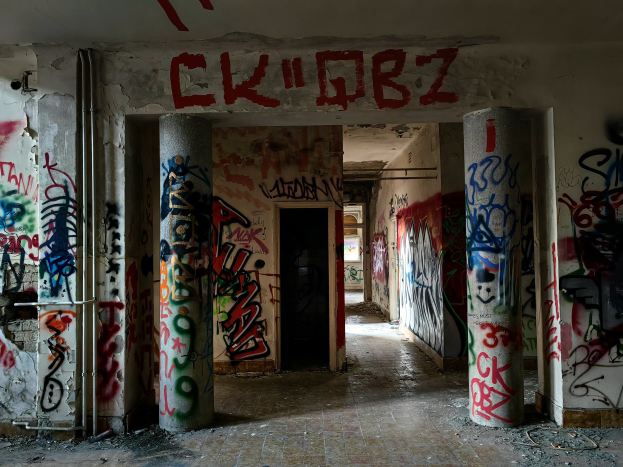 Verlassener Gebäuderaum mit Graffiti an den Wänden, sichtbarer Boden, freiliegende Rohre und eine Tür im Hintergrund.