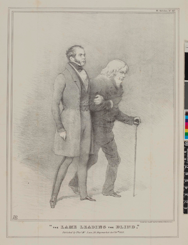 Zwei Männer stehen nebeneinander auf einem Papier mit Text und Farbskalen, einer hält einen Stock, mit dem Text "Der Weg des Blinden" auf dem Papier geschrieben.