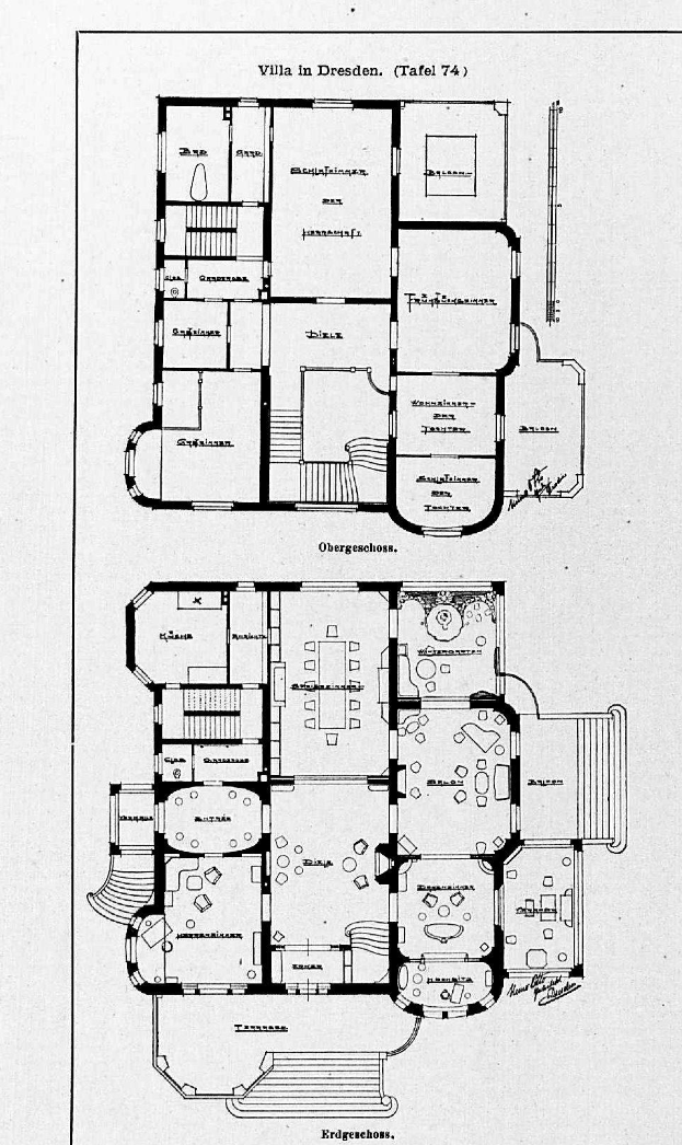 Ein Schwarz-Weiß-Bodenplan eines Hauses mit mehreren Räumen, die mit Details über die Raumanzahl und -größen beschriftet sind, das als die Villa in Dresden, Deutschland, gilt.