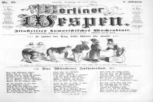 Alte Zeitung mit dem Titel "Berliner Wespen" vom Juli 1873 mit einer Karikatur eines besorgten Mannes mit Zylinder und einer Frau in einem Kleid.