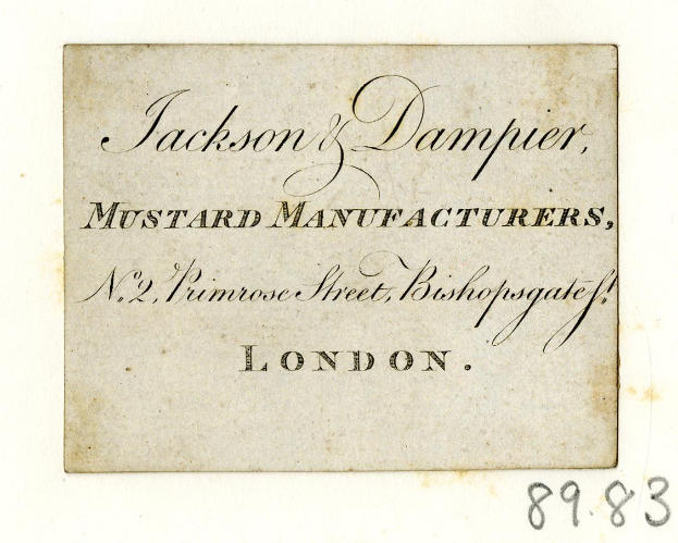Alte Geschäftsvisitenkarte für Jackson & Damper Senfhersteller, gelegen in Nr. 2, Primrose Street, Bishopgate, London.