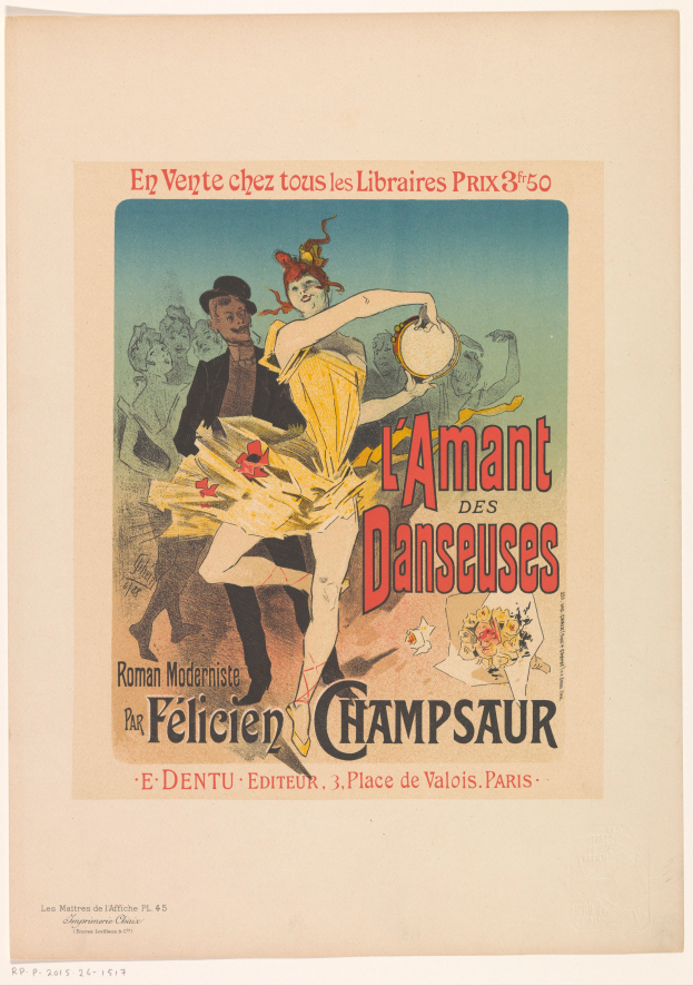 Ein Plakat, das eine Tanzshow in Paris ankündigt und einen Mann und eine Frau beim Tanzen zeigt, wobei der Mann ein Musikinstrument hält und der Text wahrscheinlich das Ereignis beschreibt.