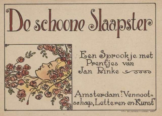 Ein altes Buch mit einer Zeichnung eines Frauenkopfs umgeben von Blumen, Text lautet "Do schoon slaapster".