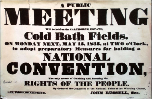 Schwarzes und weißes Plakat, das eine öffentliche Versammlung mit dem Titel 'Öffentliche Versammlung, Cold Bath Fields, National Convention, Rights of the People' ankündigt.