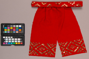 Rote Hosen mit goldenen Pailletten und eine schwarze Lidschattenbox daneben.