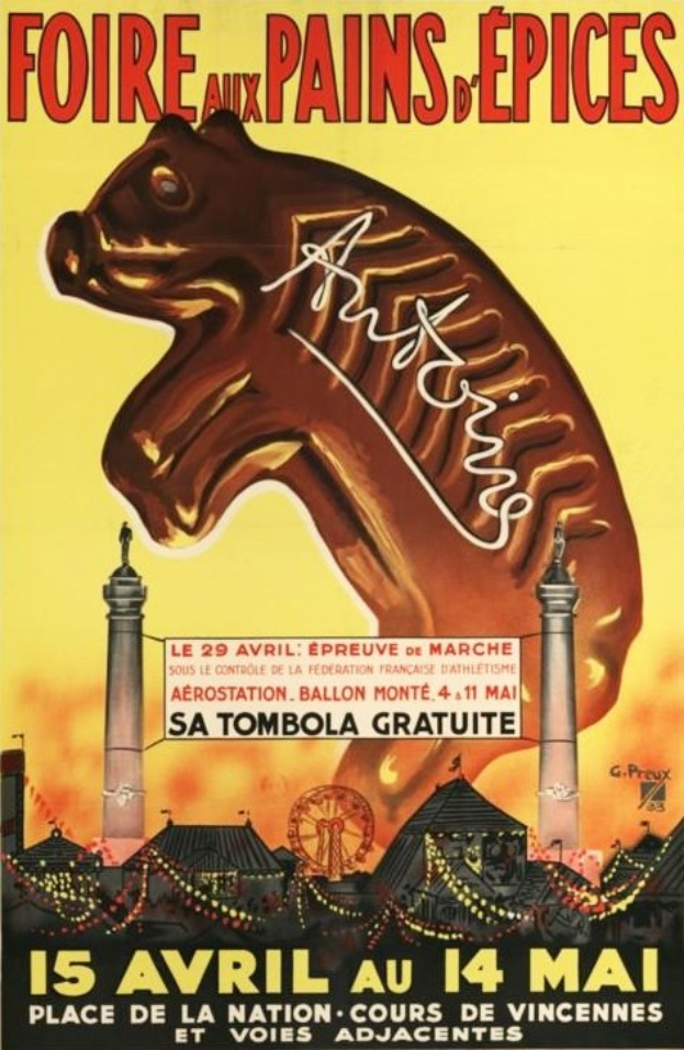 Plakat für eine Pariser Zirkusvorstellung mit einem Pferd, zwei Türmen, einem Riesenrad und der Aufschrift 'Faire aux Pains de Epices' oben.