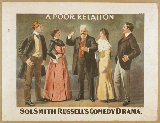Plakat für "Sol Smith Russells Comedy-Drama: Eine schlechte Beziehung" mit einer bunten Gruppe von Menschen in legerer Kleidung vor einem hellblauen Hintergrund.