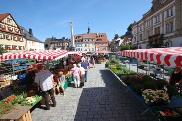 Ein belebter Markt im historischen Stadtkern von Heidelberg mit Menschen, die spazieren gehen, auf Bänken sitzen und in der Nähe von Zelten, Tischen mit Körben voller Gemüse und Gebäuden mit Fenstern, Bäumen und einem klaren blauen Himmel im Hintergrund.