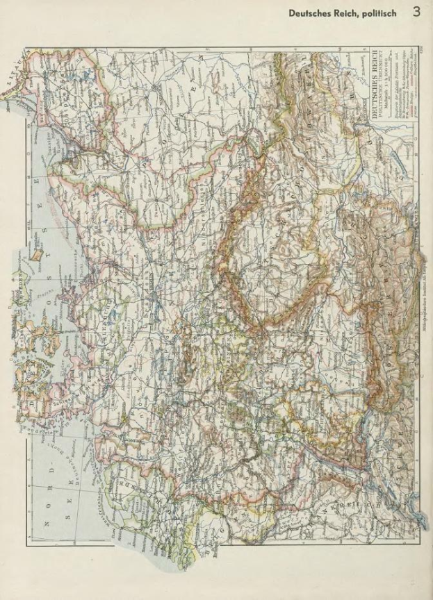 Eine Karte von Deutschland aus dem 19. Jahrhundert, die die politischen Teilungen des Landes zeigt, gedruckt auf Papier mit Text über und unter der Karte.