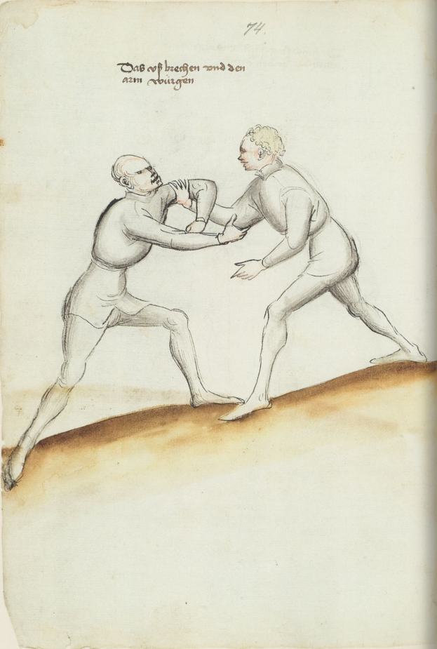 Zwei Männer in tätlicher Auseinandersetzung, einer wirft einen Schlag, während er auf einem textbedeckten Papier steht.