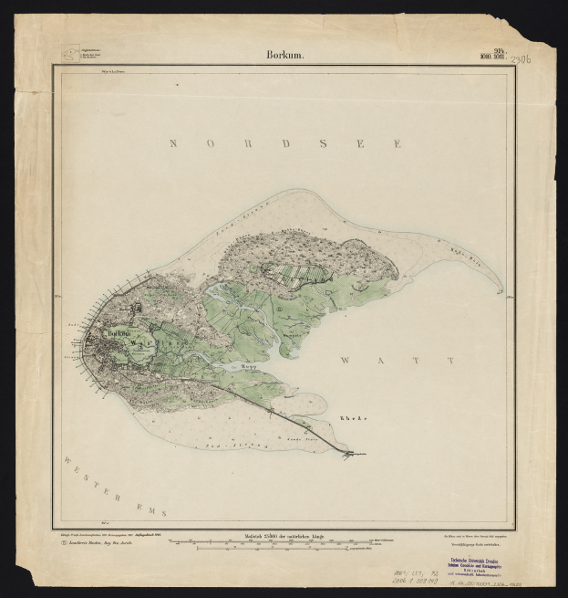Ein detailliertes altes Kartenbild der Insel Nordsee auf einem schwarzen Hintergrund, das die Küstenlinie, Inseln und andere geografische Merkmale mit textuellen Informationen über die Inselgröße, -form und -lage zeigt.