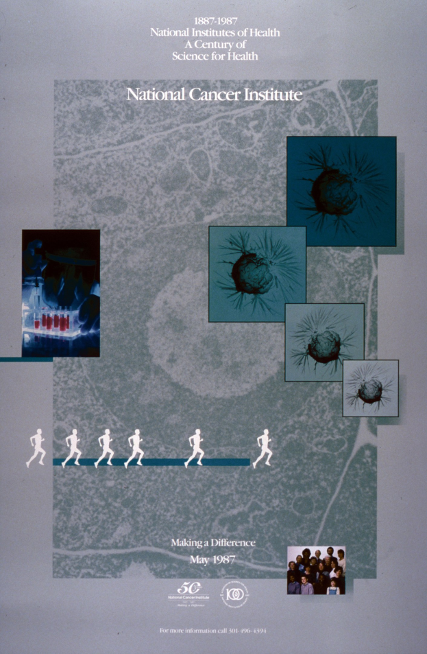 Buntes Plakat für das National Cancer Institute mit einem blauen Hintergrund und weißer Schrift, das ein Kreis von überlappenden Bildern von lächelnden Menschen verschiedenen Alters, Geschlechts und Ethnien um den fettgedruckten, großgeschriebenen Titel "National Cancer Institute" zeigt.