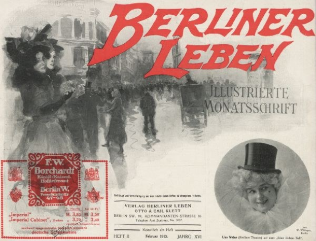 Werbeplakat f├╝r das Berliner Leben Theater mit einer Frau in Zylinder und einem Mann im Anzug, mit Text, einem Stempel, Menschen und Geb├Ąuden im Hintergrund.