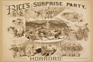 Ein Blatt Papier mit Fotos von lachenden und fröhlichen Menschen auf einer Party, mit fetter Schrift, die "Rice's Überraschungsparty im Großen Musikalischen Spektakel" auf einem hellgelben Hintergrund liest.