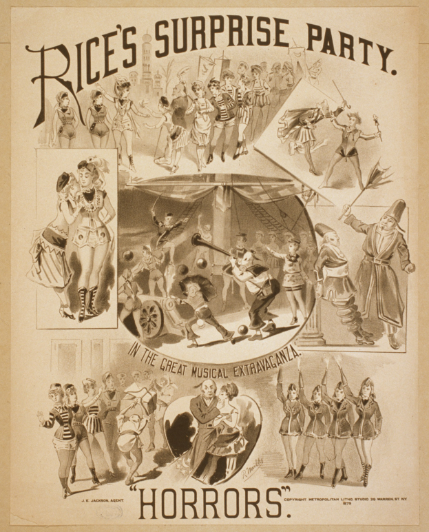 Ein Blatt Papier mit Fotos von lachenden und fröhlichen Menschen auf einer Party, mit fetter Schrift, die "Rice's Überraschungsparty im Großen Musikalischen Spektakel" auf einem hellgelben Hintergrund liest.