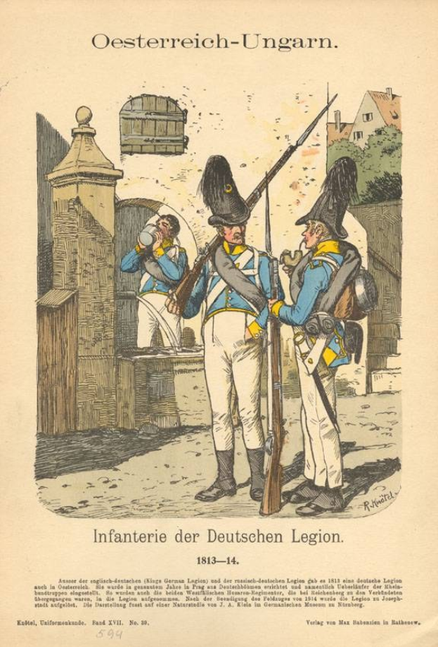 Altes Buchcover mit zwei uniformierten Männern, einer hält eine Waffe, vor einem Hintergrund aus Bäumen und Gebäuden, betitelt mit 'Infanterie der Deutschen Legion 1813-14'.