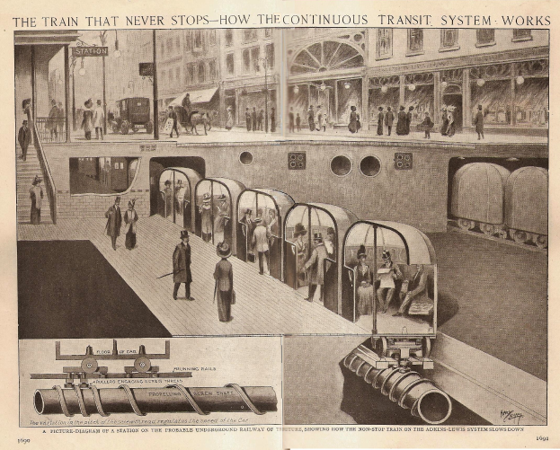Ein Artikel mit Bildern von Menschen, Zügen und anderen Gegenständen neben dem Text "Der Zug, der nie aufhört - wie das kontinuierliche Transportsystem funktioniert."