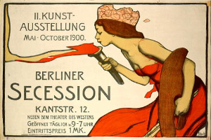 Ein Plakat aus dem Jahr 1900, das eine Berliner Secession ankündigt und eine Frau in rotem Kleid zeigt, die ein Objekt hält, mit Text zur Ereignisinformation.