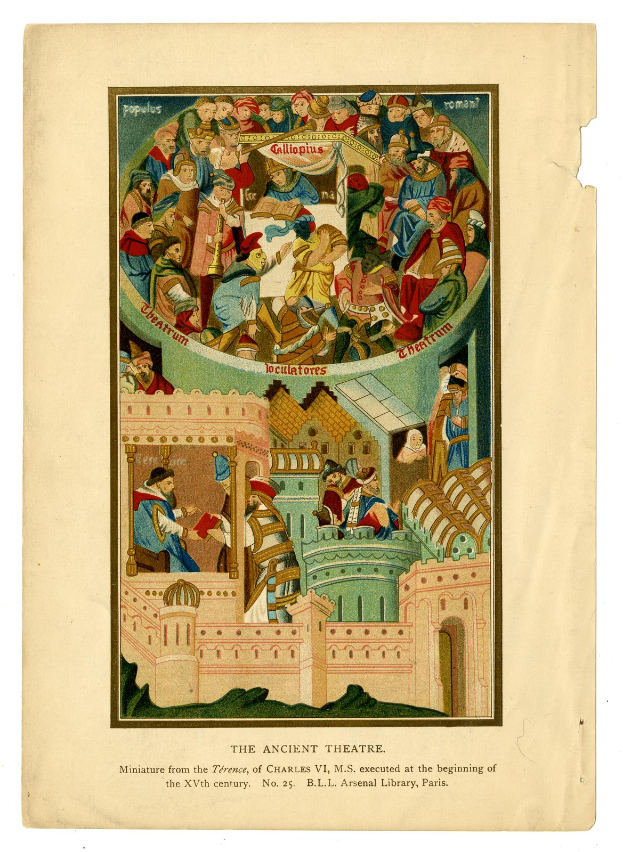 Ein altes Buch mit einer Abbildung einer Gruppe von Menschen in einem Theater mit einem Gebäude im Hintergrund und dem Text 'Das Alte Theater' unten.