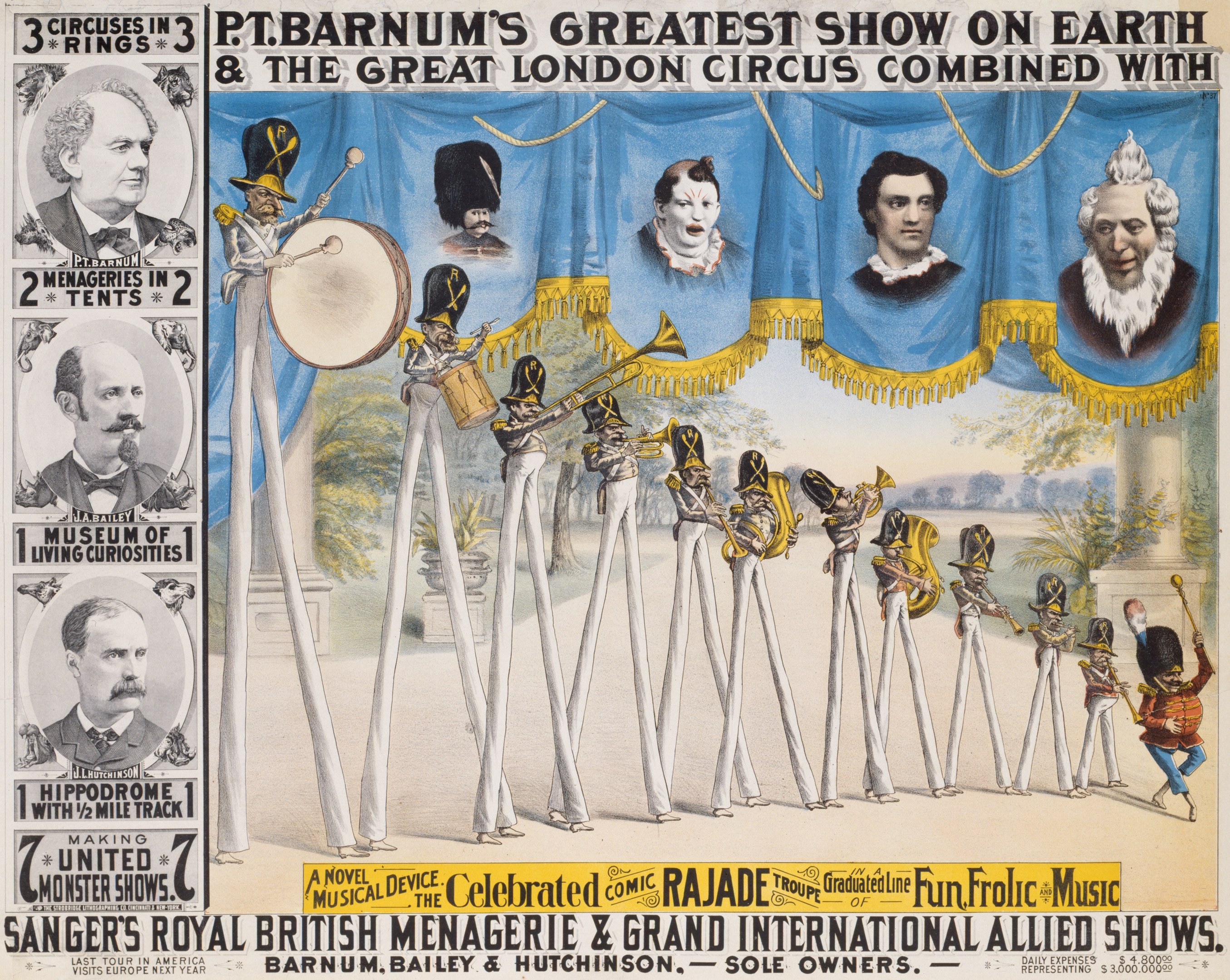 Plakat für den Großen Londoner Zirkus mit Illustrationen von Musikern, die Instrumente spielen und vor einem Baum- und Himmel-Hintergrund stehen, begleitet von Text.