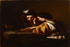 Ein Gemälde von zwei Frauen, die Schach spielen, wobei eine das Brett hält und die andere es konzentriert studiert, gerahmt und vor einem tiefblauen sternenklaren Hintergrund.